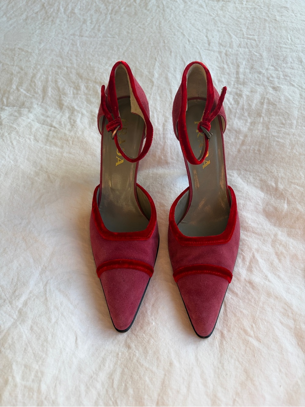 Vintage Prada Suede Velvet Trim Pointy Toe Ankle Strap Heels Hot Pink Red 90s - Picture 4 of 9